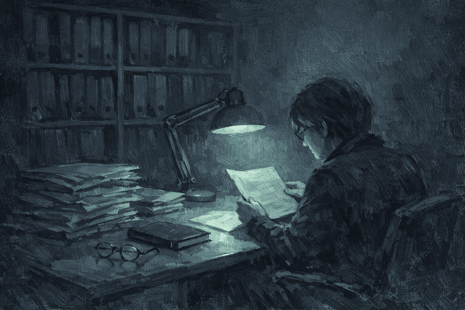 Une personne relit des documents à son bureau le soir, à côté de piles de dossiers, sous une lampe verte.