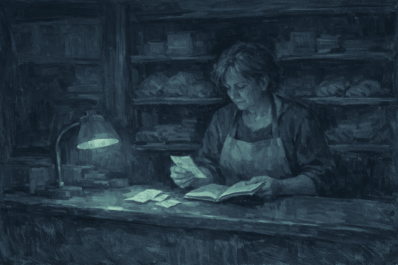 Une commerçante consulte ses notes derrière son comptoir, à la lumière verte de sa lampe.