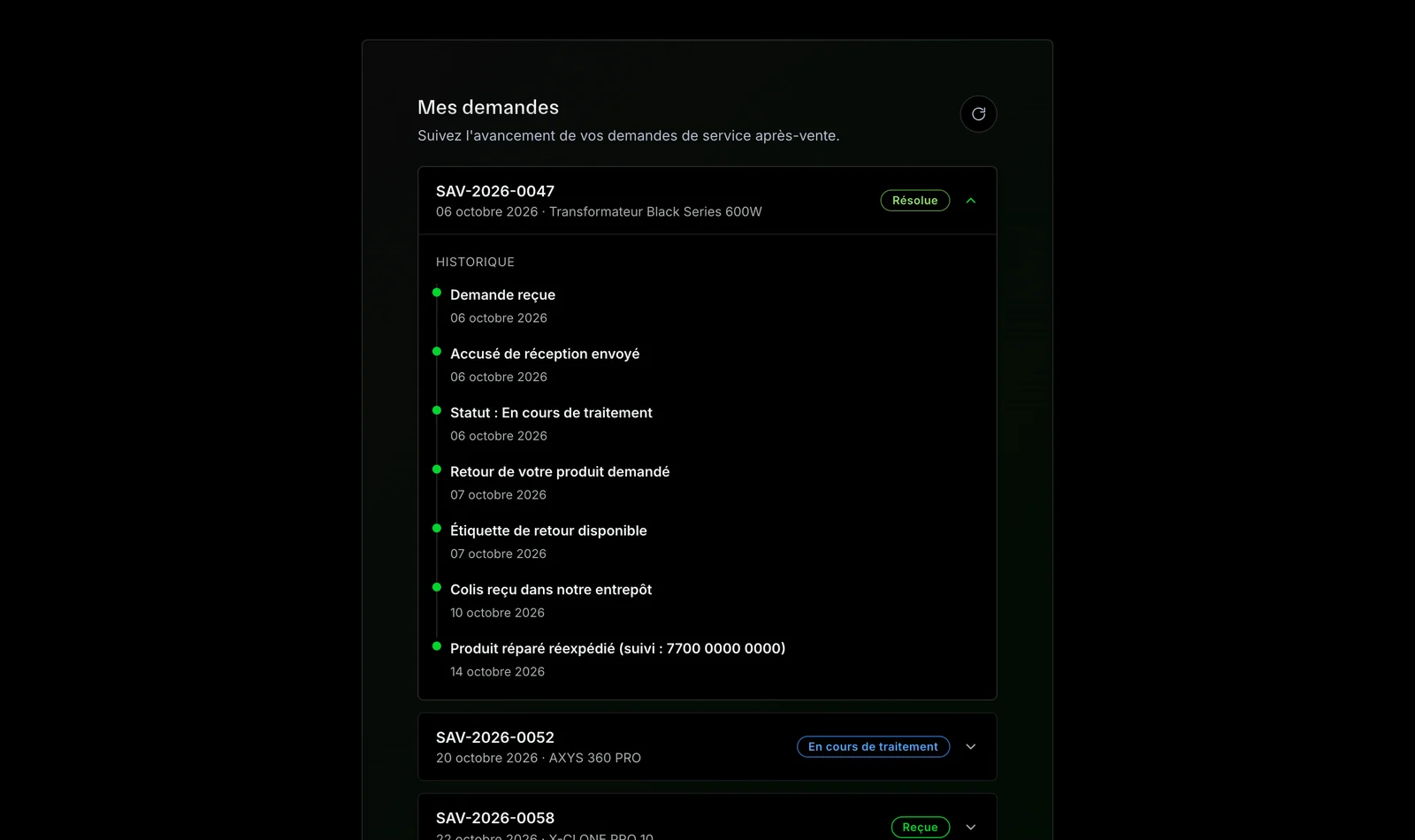 L’espace client de Future of Grow : une demande d’après-vente résolue, avec chaque étape datée jusqu’au produit réparé et réexpédié.