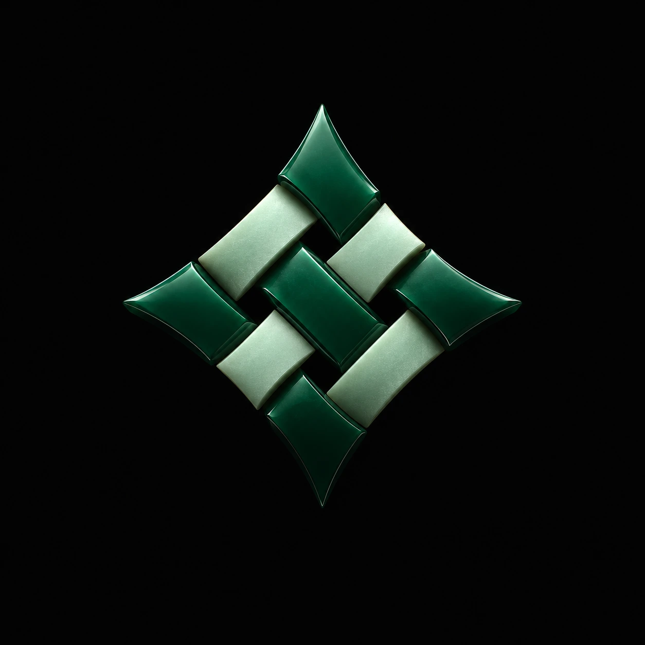 Le symbole Neurolia en jade : quatre fils clairs tenus, cinq fils émeraude qui passent dessus.