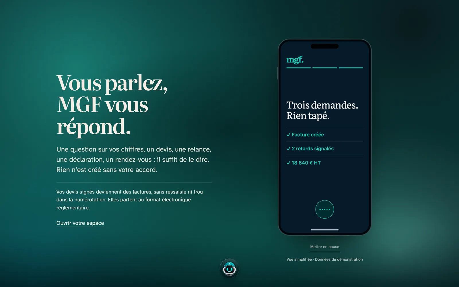 Le site de MaGestionFacile : « Vous parlez, MGF vous répond. », avec une démonstration sur téléphone.
