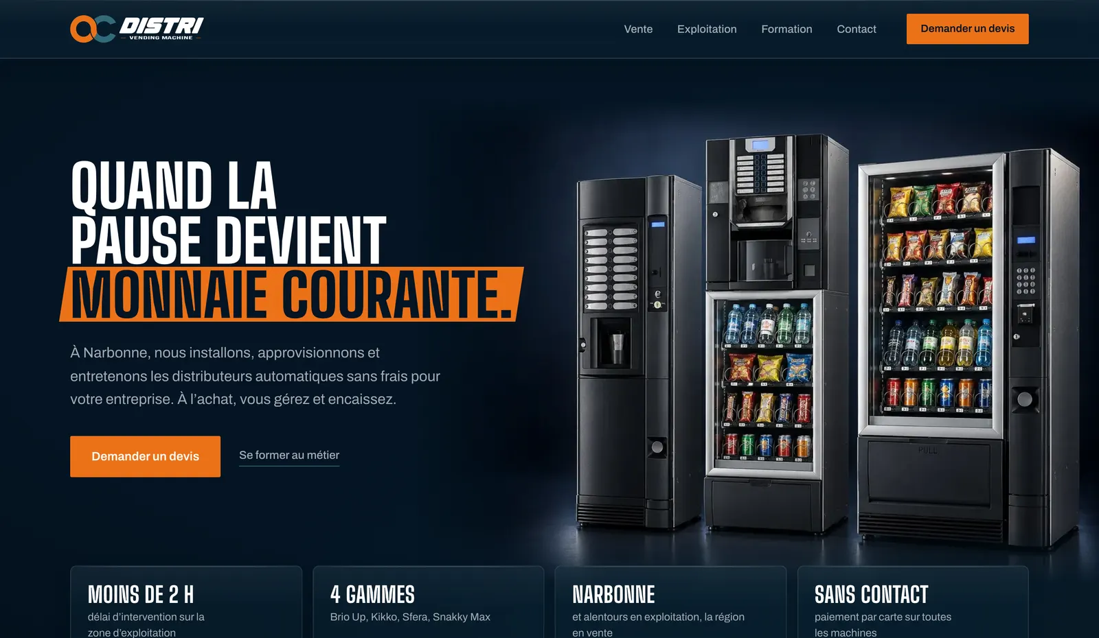 Page d’accueil d’OC distri : trois distributeurs automatiques dans l’ombre.