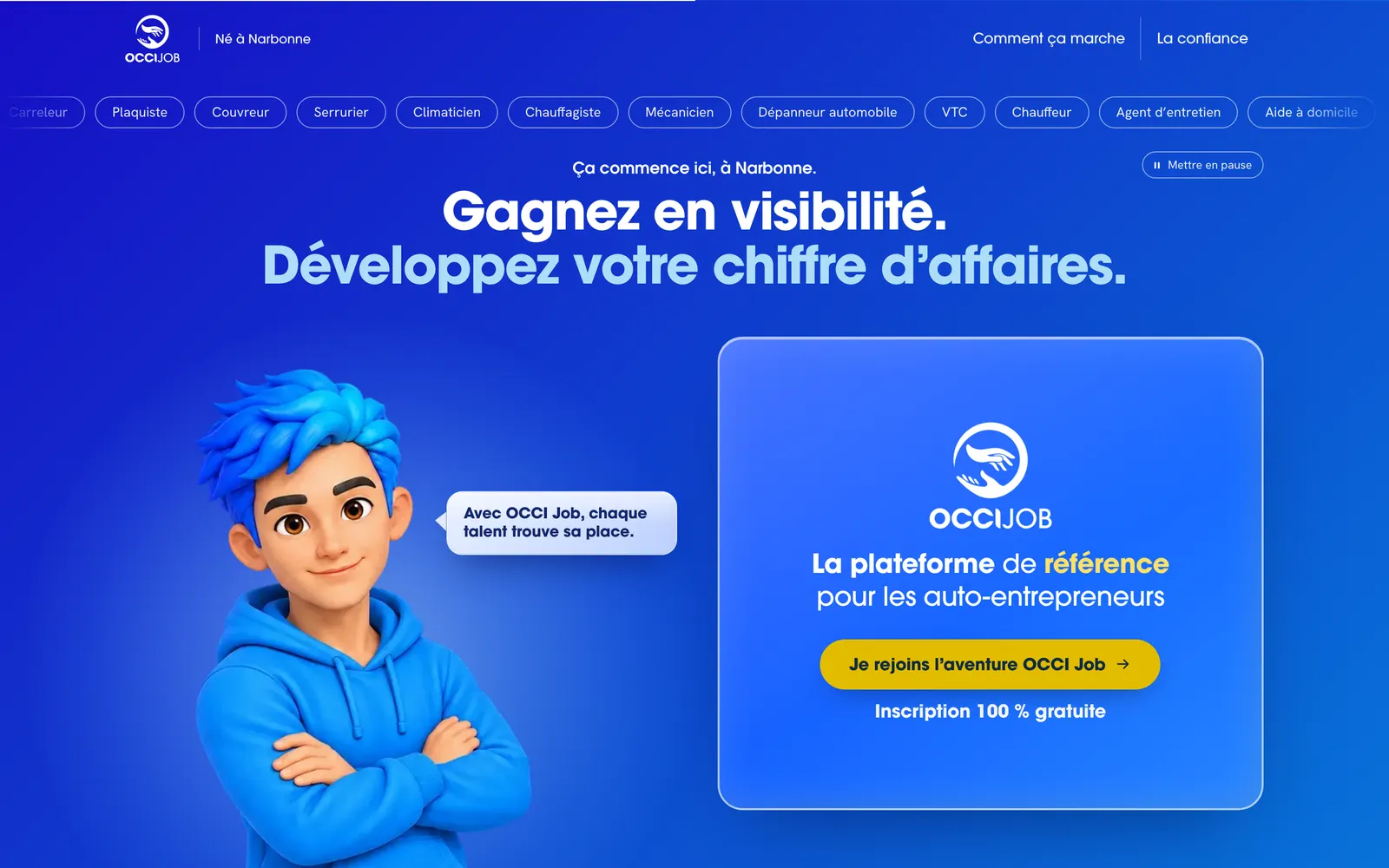 Page d’accueil d’OCCI Job : « Gagnez en visibilité. Développez votre chiffre d’affaires. »